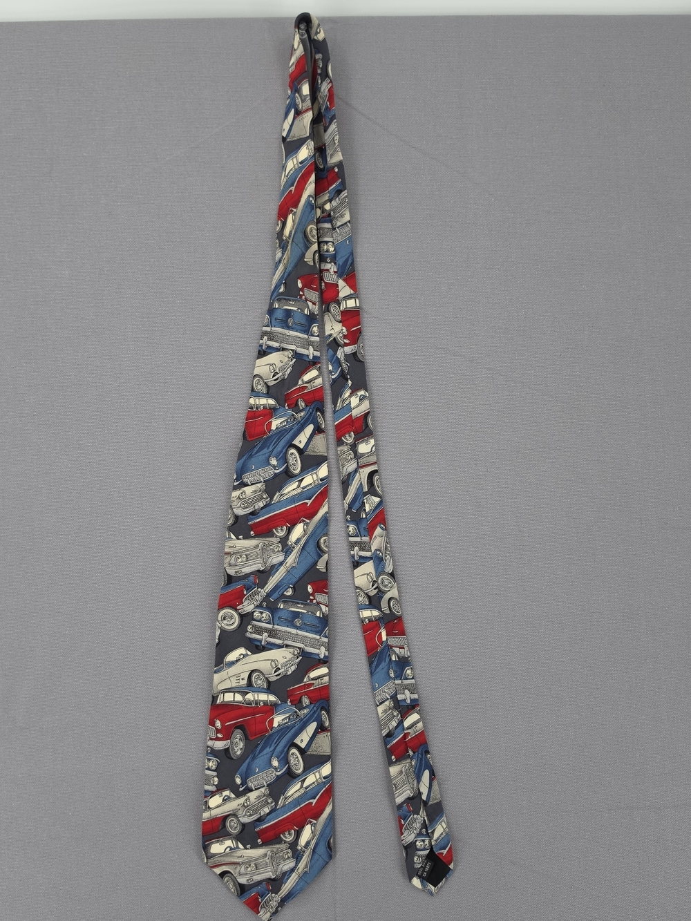 Vintage Sazzari 100% Silk Tie Classic Car Print Red Blue Made in Italy